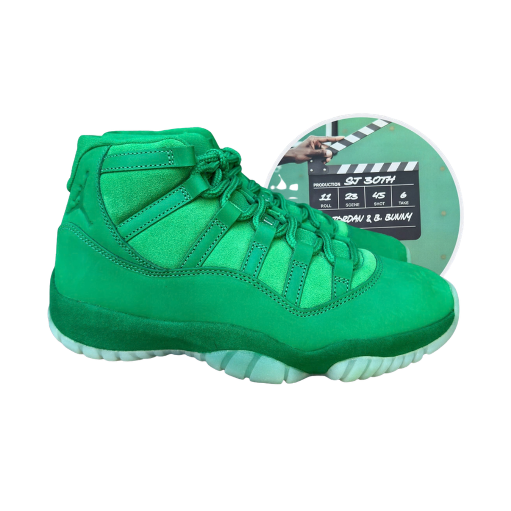 Air Jordan 11 Retro Monstars Green Screen IQ5700-900 side view with Space Jam 30th packaging